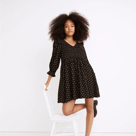 Madewell Petite Lucie V-Neck Smocked Mini Dress in Oval Dot - Picture 1 of 9